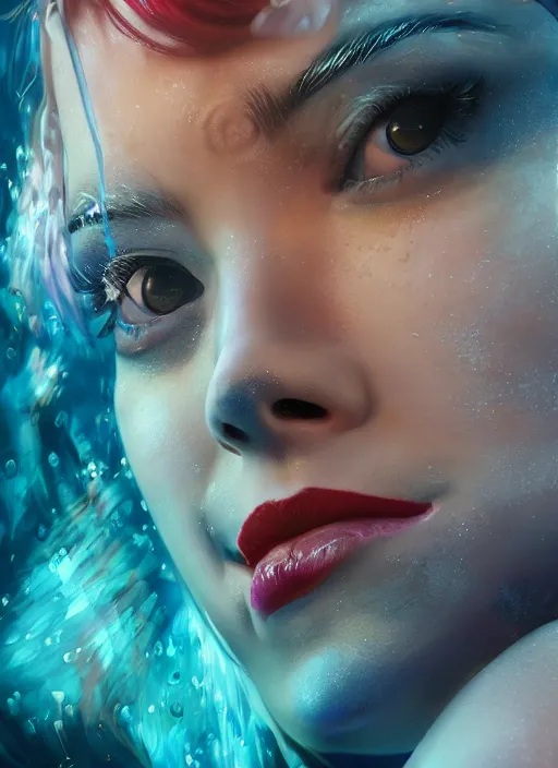 Image similar to underwater portrait of emma stone as harley quinn, hyper detailed, digital art, trending in artstation, cinematic lighting, studio quality, smooth render, unreal engine 5 rendered, octane rendered, art style by klimt and nixeu and ian sprigger and wlop and krenz cushart.