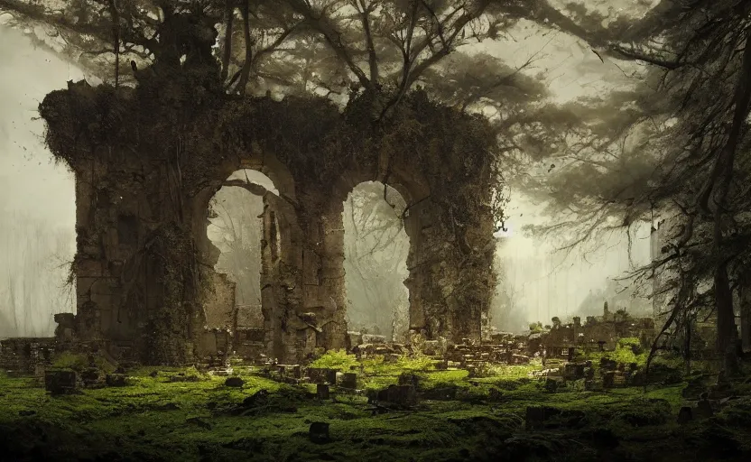 Prompt: painting of ruins of a medieval castle covered by vegetations and moss by greg rutkowski and Craig Mullins, Dark atmospheric sad and cinematic lighting, Trending on artstation