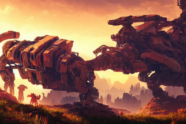 Prompt: rockbreaker machine mecanical creature robot of horizon forbidden west horizon zero dawn radiating a glowing aura global illumination ray tracing hdr fanart arstation by ian pesty and alena aenami artworks in 4 k