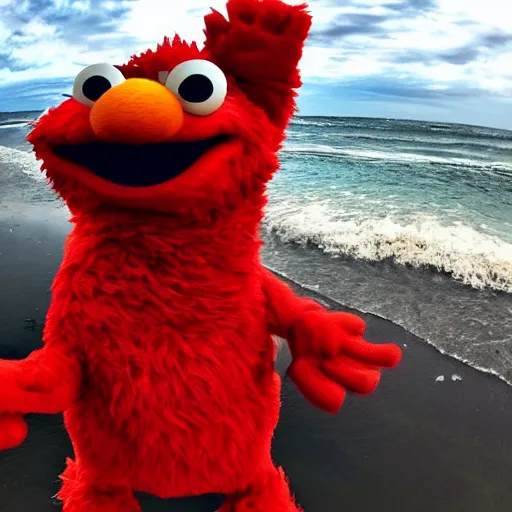 Image similar to elmo taking a selfie, iphone 6 s, beach,