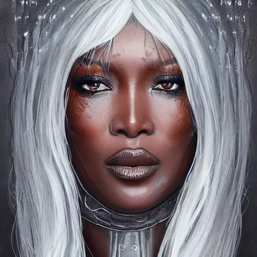 Image similar to beautiful, very strong, naomi campbell, middle aged, face, no makeup, no tattoos, warrior, battle hardened, head shot, fantasy, highly detailed, digital painting, artstation, concept art, sharp focus, illustration, art by jodie muir and brom
