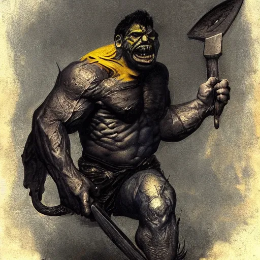 Image similar to artstation concept a midnight blue hulk holding an axe, dusty yellow background, grotesque face, hyperdetailed, artstation trending, world renowned artists, worth 1 0 0 0. com, historic artworks society, antique renewel, cgsociety, by greg rutkowski, by gustave dore, deviantart