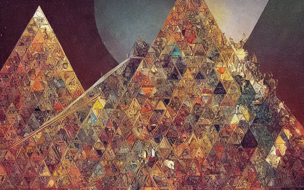 Prompt: triangles and pyramids. retro art by jean giraud. fibonacci. by brian froud, yoshitaka amano, kim keever, victo ngai