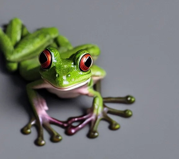 Image similar to photo, cute frog, flay, sitting on a mushroom, various poses, soft light, faded colors, well framed, sharp focus, 8 k