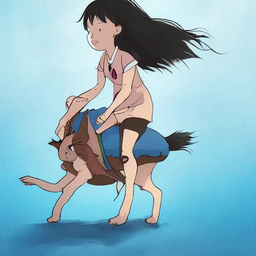 Image similar to a girl riding a giant rabbit. the girl has short hair and black eyes. digital art. in the style of miyazaki. 4 k. trending on artstation.