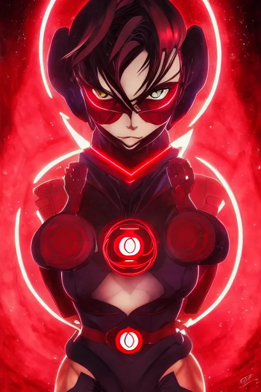 Image similar to anime key visual of a beautiful female red lantern!! intricate, red and black suit, glowing, powers, rage, anger, hate, dc comics, cinematic, stunning, highly detailed, digital painting, artstation, smooth, hard focus, illustration, art by artgerm and greg rutkowski and alphonse mucha