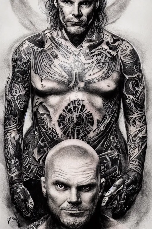 Image similar to Portrait of Bill Burr frontal standing pose torso as a very attractive man heavily Tattoed, all his skin is covered by BIKER tattoos, surrounded by magic lightings overlays, Intricate, concept art, magic lighting overlays, magical portal opened, D&D!, fantasy style, sharp focus!, ultra detailed, art by Artgerm and Peter Andrew Jones, WLUP, Magali Villeneuve