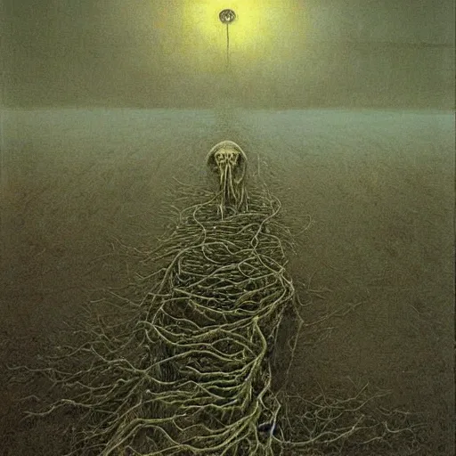 Prompt: ' the long road'beksinski, eldritch, apocalypse, creepy creature, horror spooky