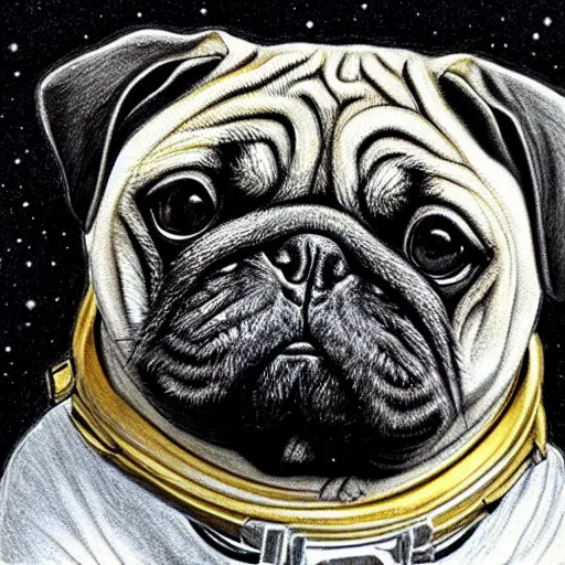 Image similar to pencil art, golden - ratio, spirals, highly detailed, astronaut pug in outer space by davinci.