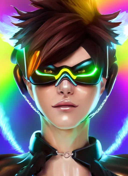 Image similar to portrait bust digital artwork of tracer overwatch, wearing black iridescent rainbow latex, 4 k, expressive happy smug expression, makeup, in style of mark arian, angel wings, wearing detailed black leather collar, chains, black leather harness, detailed face and eyes,