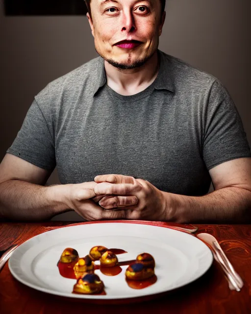 Image similar to a portrait of elon musk sitting at the dining table with a plate containing gulab jamun in front of him, highly detailed, trending on artstation, bokeh, 9 0 mm, f / 1. 4