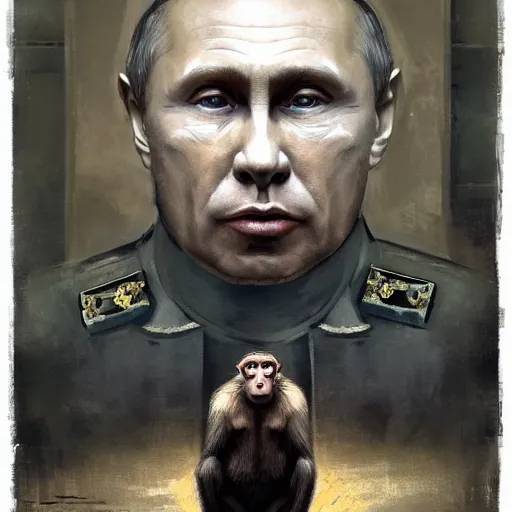 Prompt: portrait of putin as a monkey in kremlin, epic, tragic, military art, fantasy, dieselpunk, hd shot, digital portrait, beautiful, artstation, comic style, by artgerm, guy denning, jakub rozalski, magali villeneuve and charlie bowater