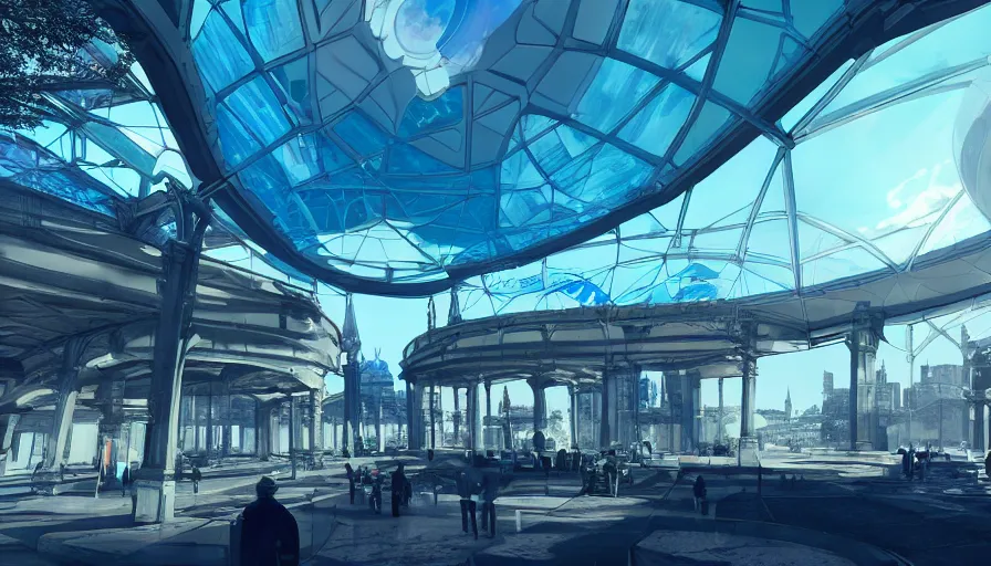 Prompt: futuristic berlin with giant blue glass dome train station, sunny day, volumetric light, hyperdetailed, artstation, cgsociety, 8 k