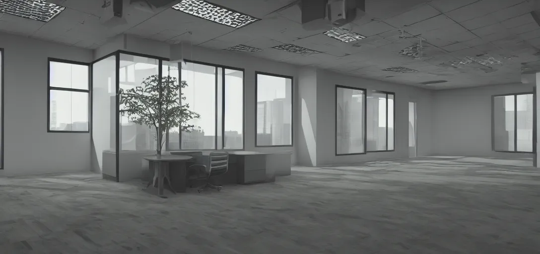 Prompt: empty office in the middle of nowhere, bright, 8 k photorealistic, hd, high details, trending on artstation
