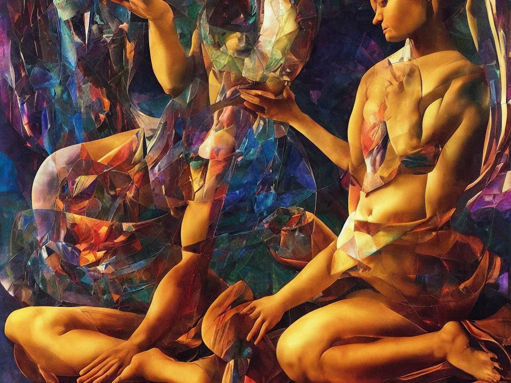 Prompt: hyperrealistic still life painting of a 3d statue sitting down cross legged goddess meditating, wrapped in fabric and gently smiling, nautilus shell surrounded by refracting rainbow prisms in a tesseract, , botanical print, surrealism, vivid colors, serene, golden ratio, sacred geometry, abstract impasto brushtrokes. by Caravaggio