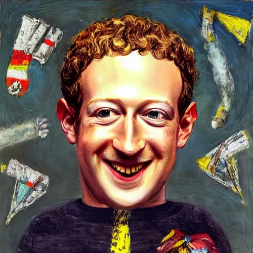 Prompt: “a deliriously happy king mark zuckerberg, portrait oil painting by Otto Dix, oil on canvas (1921)”