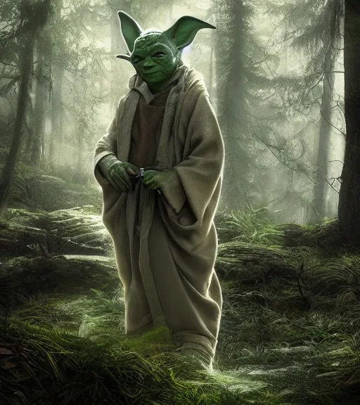 Prompt: 5 5 mm photo of a real life yoda in a forest. magical atmosphere. art by greg rutkowski. lifelike. very detailed 8 k. intricate. soft light. nikon d 8 5 0.