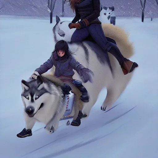 Image similar to girl riding a giant husky in the park, trending on artstation