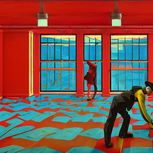 Prompt: red people with clouds at yellow blue art deco empty grocery store, open ceiling, highly detailed, painted by Francis Bacon and Edward Hopper, painted by James Gilleard, surrealism, airbrush, art by James Jean