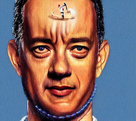 Image similar to Tom hanks as forrest gump wearing a necklace made out of shrimps around the neck, realistic face, digital art, in the style of Marta Dahlig, amazing detail, artstation, long shot