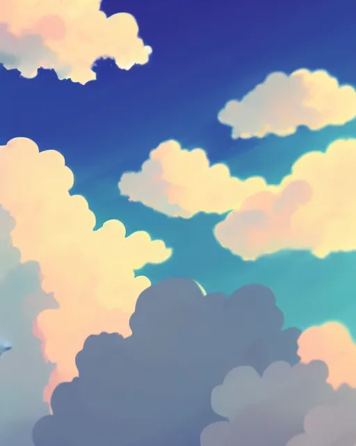 Image similar to simple realistic anime clouds, midday, digital art, trending on artstation, gradient colors, fisheye perspective