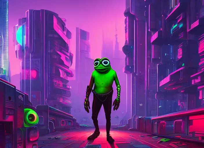 Image similar to cyberpunk pepe the frog, futuristic city, computers, dylan kowalski, marat zakirov, albert ramon puig, trending on artstation, 8 k