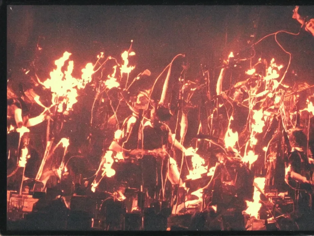 Image similar to 80s polaroid colour flash photograph of Rammstein concert pyrotechnics