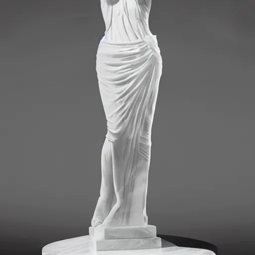 Prompt: a realistic modern white marble statue of kim kardashian wearing a ghostly dress, displayed in a museum art gallery, moody, dramatic lighting, dark, photorealistic, cinematic scene, super detailed, hyper realistic, 8 k