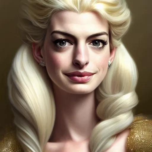 Image similar to Anne Hathaway with blonde hair as Elsa from Frozen, western, D&D, fantasy, intricate, elegant, highly detailed, digital painting, artstation, concept art, matte, sharp focus, illustration, art by Artgerm and Greg Rutkowski and Alphonse Mucha