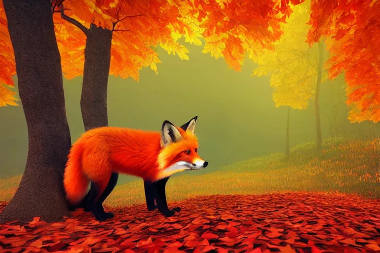 Image similar to super detailed color lowpoly art, red fox in an autumn maple forest, unreal engine, retrowave color palette, 3 d render, lowpoly, colorful, digital art, perspective