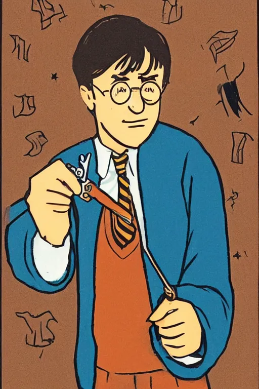 Image similar to an illustration of harry potter holding a pistol in the style of goodnight moon by margaret wise brown