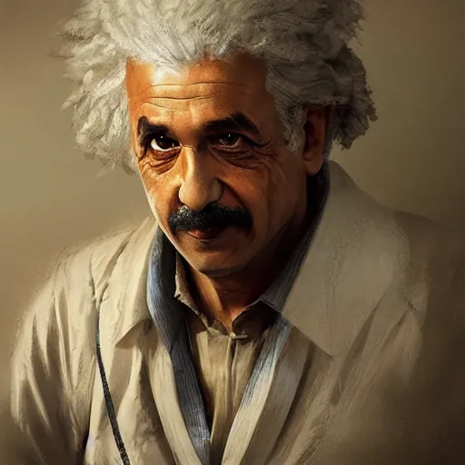 Image similar to a portrait of a Kurdish Albert Einstein in Kurdish clothes by Greg Rutkowski, digital art, horror, chiaroscuro, trending on artstation, anime arts, featured on Pixiv, HD, 8K, highly detailed, good lighting, beautiful, epic, masterpiece