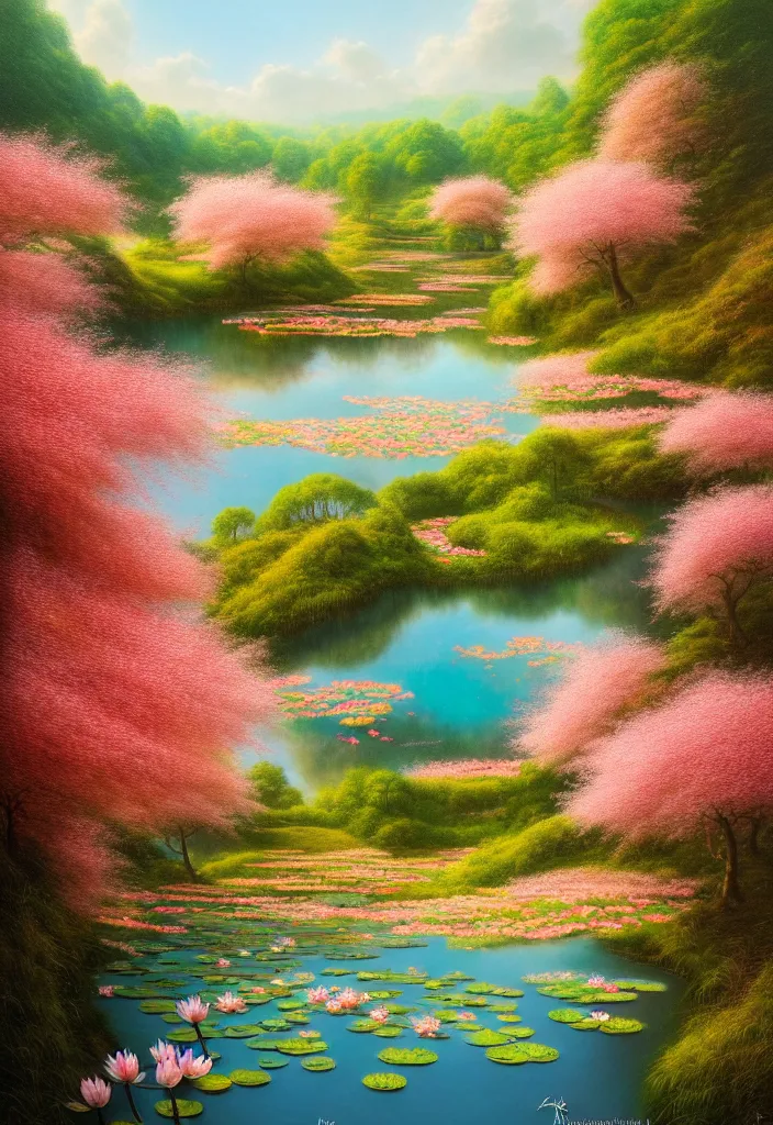 Image similar to a real photographic landscape painting with incomparable reality, wide angle, in forest, flowers, peach tree in full bloom, waterlily pond, bright style, harry potter, clearing,, john howe, magnificent, artstation