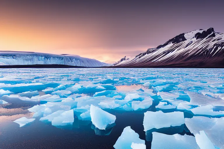 Prompt: landscape photography by marc adamus, glacial lake, jokulsarlon, sunset, lake