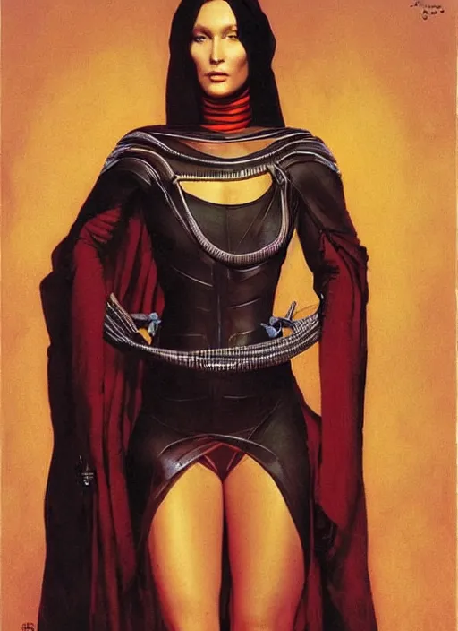 Image similar to full body and head portrait of bella hadid as gaius helen mohiam bene gesserit mother in dune 1982, by norman rockwell and jason fabok and tom lovell and frank schoonover and dean cornwell