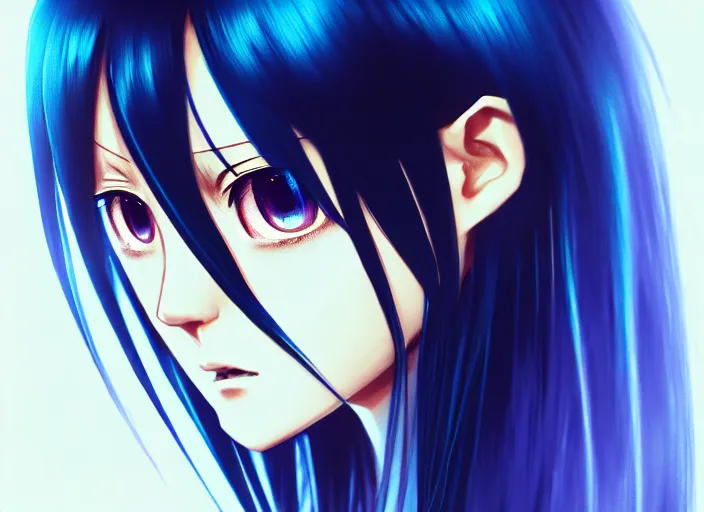 Image similar to full face shot of rimuru tempest, sky blue straight hair, long bangs, with amber eyes, wearing a black jacket, high collar, ultra detailed, concept art, award winning photography, digital painting, cinematic, wlop artstation, closeup, pixiv, evil, yoshitaka amano, andy warhol, ilya kuvshinov,