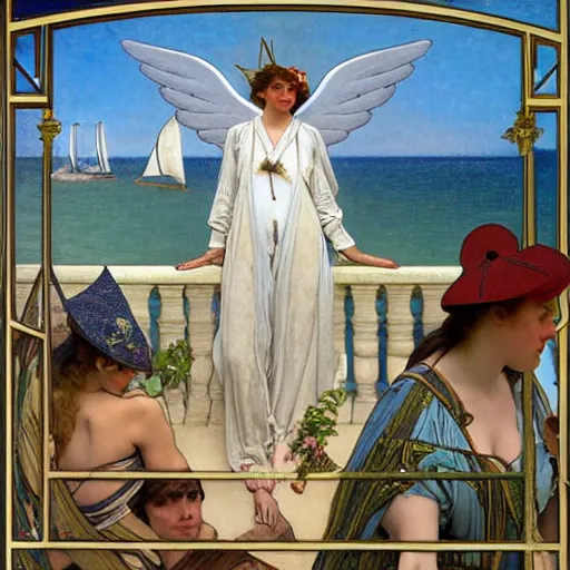 Image similar to Angels with jester hats and clothes forming a circle on the front of a Balustrade with a beach and a sail boat on the background, major arcana cards, by paul delaroche, alphonse mucha and daniel garber daniel garber hyperrealistic 8k, very detailed