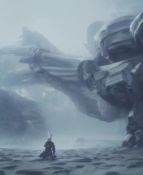 Image similar to surreal romantic mecha covenant deformation horizontal building, futuristic berserk white architecture in the beach in iceland, foggy, highly detailed, digital painting, arstation, concept art, hyperealistic octane render, unreal engine, by ruan jia