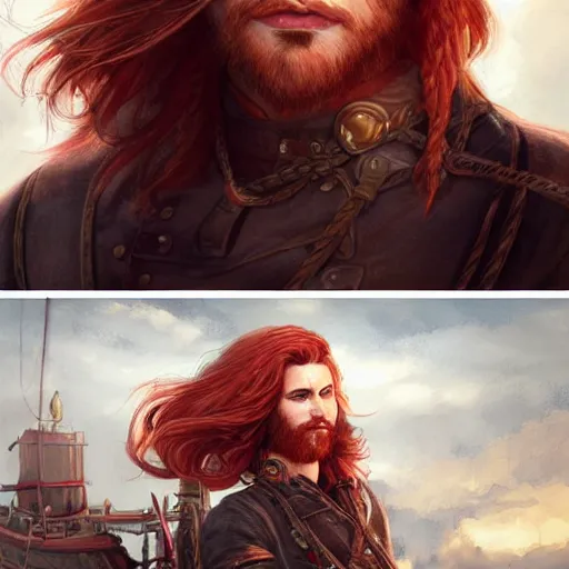 Prompt: rugged young ship captain standing before his airship, male, handsome, masculine, red hair, long hair, soft hair, fantasy, intricate, elegant, highly detailed, steampunk, digital painting, artstation, concept art, character art, smooth, sharp focus, illustration, art by artgerm