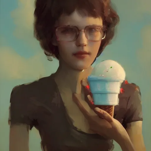 Image similar to a portrait of a pretty humanoid robot eating an icecream, artstation greg rutkowski, cinematic, hyperrealist, digital art