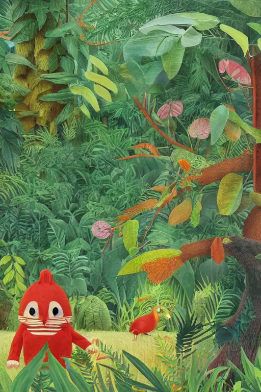 Prompt: rare bird in the jungle, hyper detailed, unreal engine render concept art, style of henri rousseau and richard scarry and hiroshi yoshida