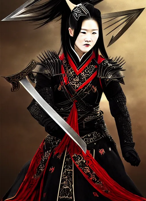 Image similar to full portrait of female vampire jinyiwei wearing black heavy armor and pointed helmet, stern, agile, elegant, imposing, jinyiwei, embroidered uniform guard, secret agent, detective, chinese armor, historical armor, pointed helmet, katana, nodachi, japanese sword, ming dynasty, detailed, realistic face, anatomically accurate, fantasy art.