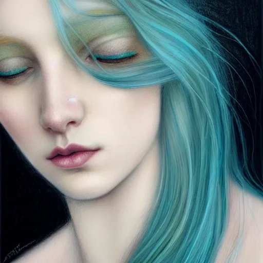 Image similar to portrait of girl with pale teal hair, luna moth, uniquely beautiful, fantasy, intricate, elegant, dramatic lighting, emotionally evoking symbolic metaphor, highly detailed, lifelike, photorealistic, digital painting, artstation, concept art, smooth, sharp focus, illustration, art by John Collier and Albert Aublet and Krenz Cushart and Artem Demura and Alphonse Mucha