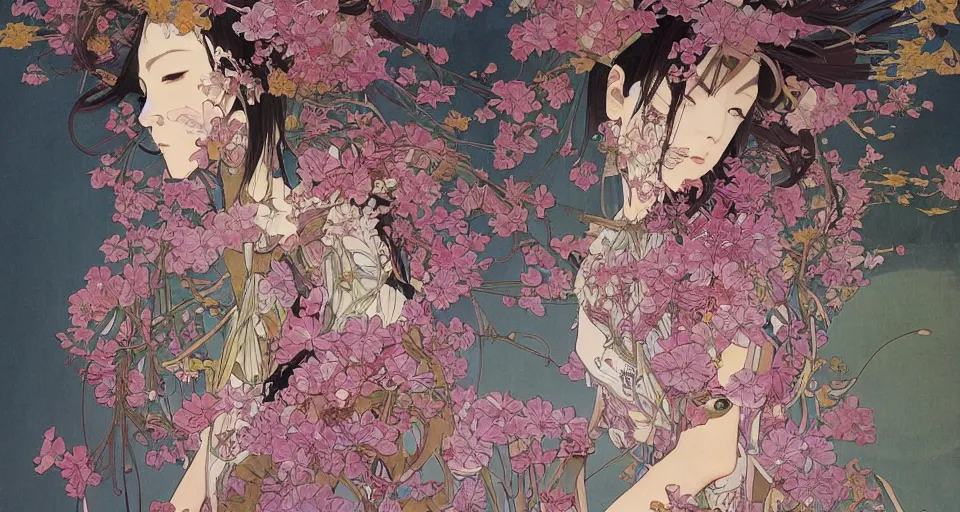 Image similar to oil painting, long shot, beautiful floralpunk japanese bio mechanical female walking illustration detailed patterns art of japan traditional dress, flower pop art, floral splash painting, art by ashley wood, alphonse mucha, makoto shinkai, geof darrow, dark shadow