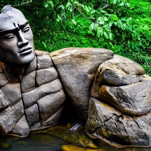 Prompt: A rock sculpture of Bruce Lee hidden in the middle of a mountain stream