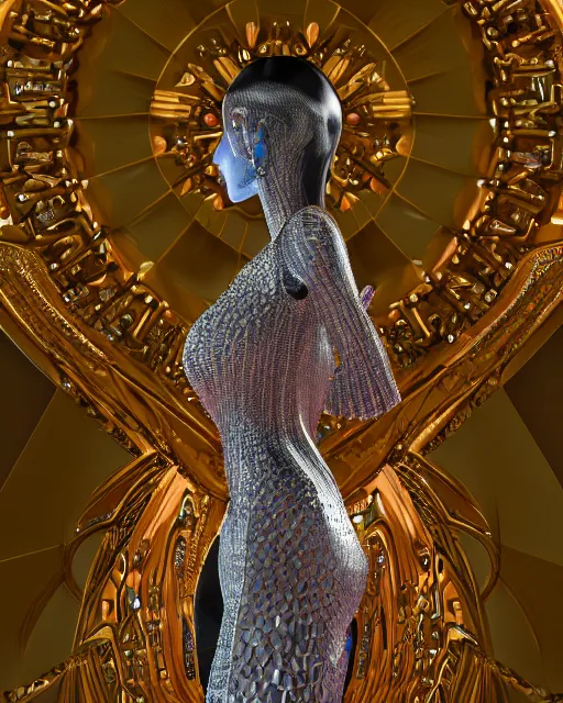 Image similar to a highly detailed metahuman 4 k close up render of an alien goddess bella hadid monument in iris van herpen dress schiaparelli in diamonds crystals swarovski and jewelry iridescent in style of alphonse mucha gustav klimt trending on artstation made in unreal engine 4