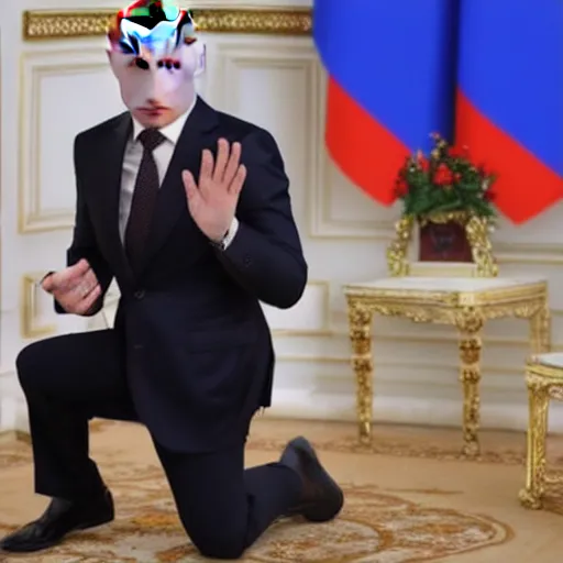 Prompt: Vladimir Putin on his knees, kissing Zelensky shoes