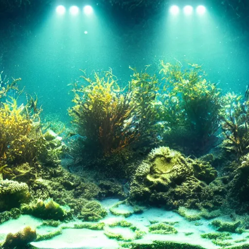 Image similar to octane render filtered lighting overgrown seaweed underwater theater 4 k