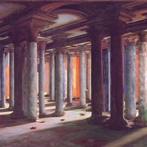 Image similar to a procession of women in a giant abandoned temple, hyperrealistic film still by gottfried helnwein, by klimt, by paolo uccello, art nouveau, highly detailed, lights by edward hopper, liminal, eerie, metaphysical, bright pastel colors,