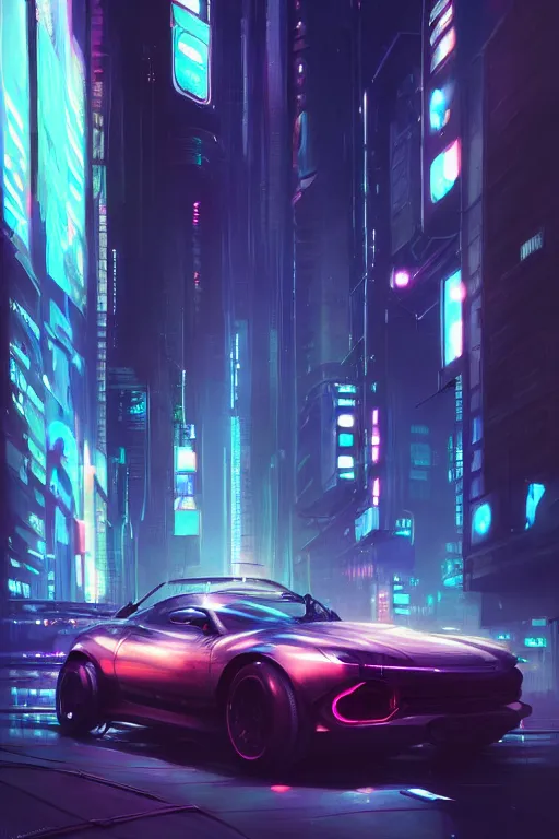 Prompt: car, city, cyberpunk, fantasy, neon lights, sharp focus, intricate, elegant, digital painting, artstation, matte, highly detailed, concept art, illustration, ambient lighting, art by ruan jia and artgerm and range murata and wlop and ross tran and william, adolphe bouguereau and beeple